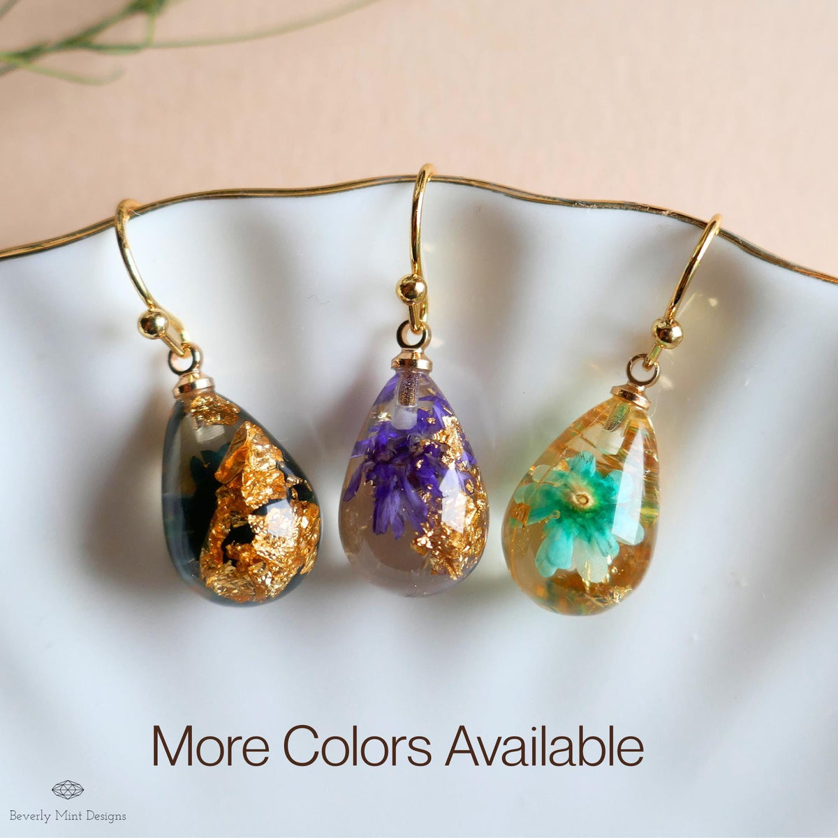 Pressed Flower Resin Earrings, Black Floral Drop Earrings, Gold Flake Jewelry, Nature Inspired Jewelry, Sensitive Ear & Clip-On Options