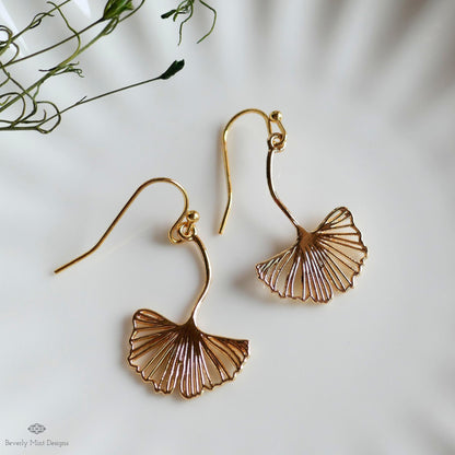 Gold Ginkgo Leaf Earrings, Botanical Dangle Earrings, Nature Inspired Jewelry, Delicate Hook Earrings, Sensitive Ear & Clip-On Options