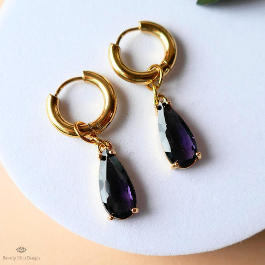 Purple Crystal Earrings, Gold Teardrop Huggie, Elegant Hoop Drop Earrings, Amethyst Look Jewelry, Minimalist