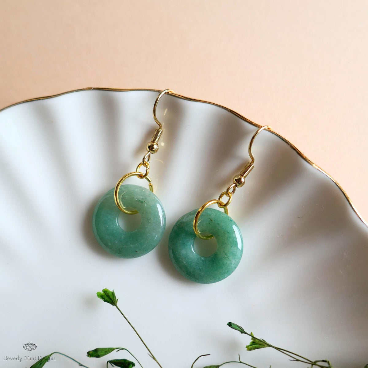 Green Aventurine Donut Earrings, Gold Hook Green Dangles, Minimalist Natural Stone Jewelry, Sensitive Ear & Clip-On Options