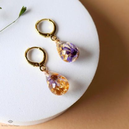 Pressed Flower Resin Earrings, Purple Floral Drop Earrings, Gold Flake Jewelry, Nature Inspired Jewelry, Sensitive Ear & Clip-On Options
