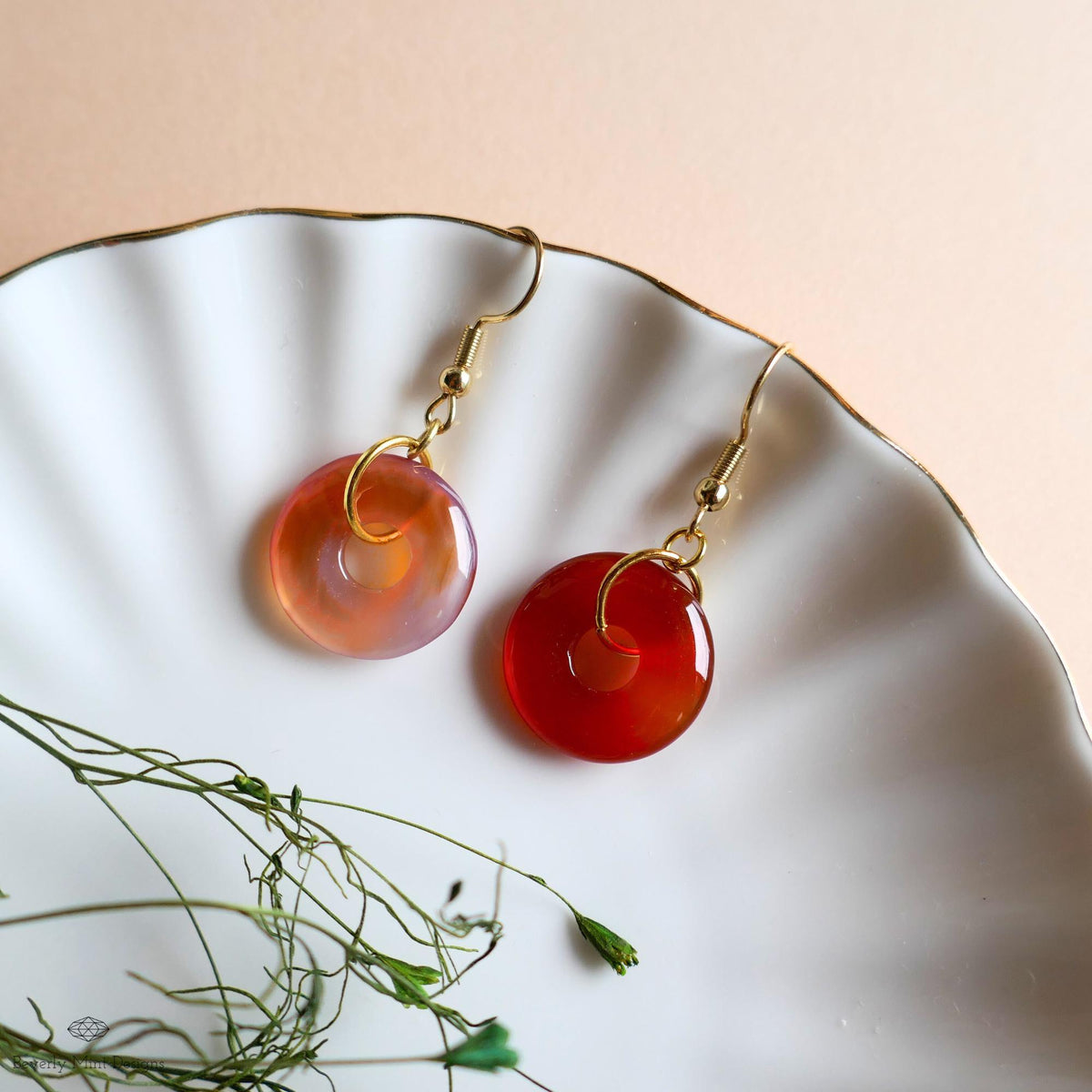 [Etsy 4410197376 image 2/7 id 7748837074] Red Agate Donut Earrings, Gold Hook Red Dangles, Minimalist Stone Jewelry