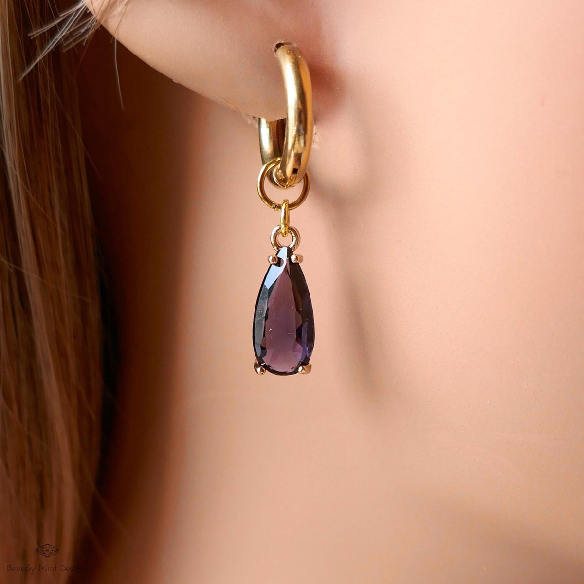 Purple Crystal Earrings, Gold Teardrop Huggie, Elegant Hoop Drop Earrings, Amethyst Look Jewelry, Minimalist