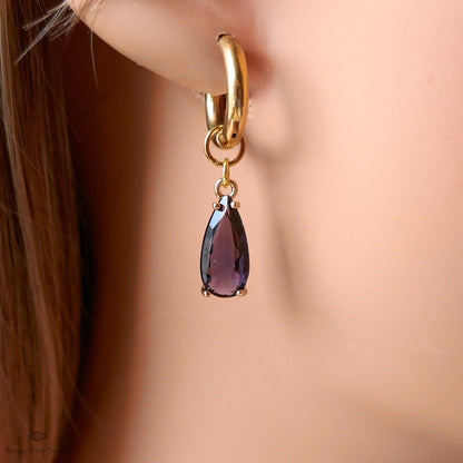 Purple Crystal Earrings, Gold Teardrop Huggie, Elegant Hoop Drop Earrings, Amethyst Look Jewelry, Minimalist