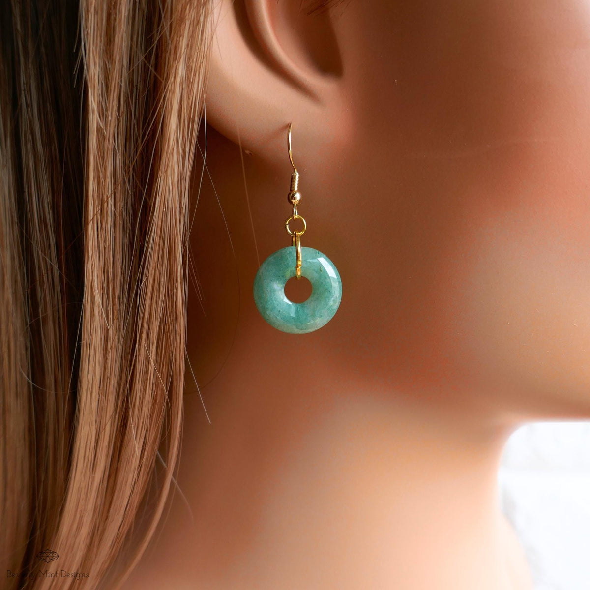 Green Aventurine Donut Earrings, Gold Hook Green Dangles, Minimalist Natural Stone Jewelry, Sensitive Ear & Clip-On Options