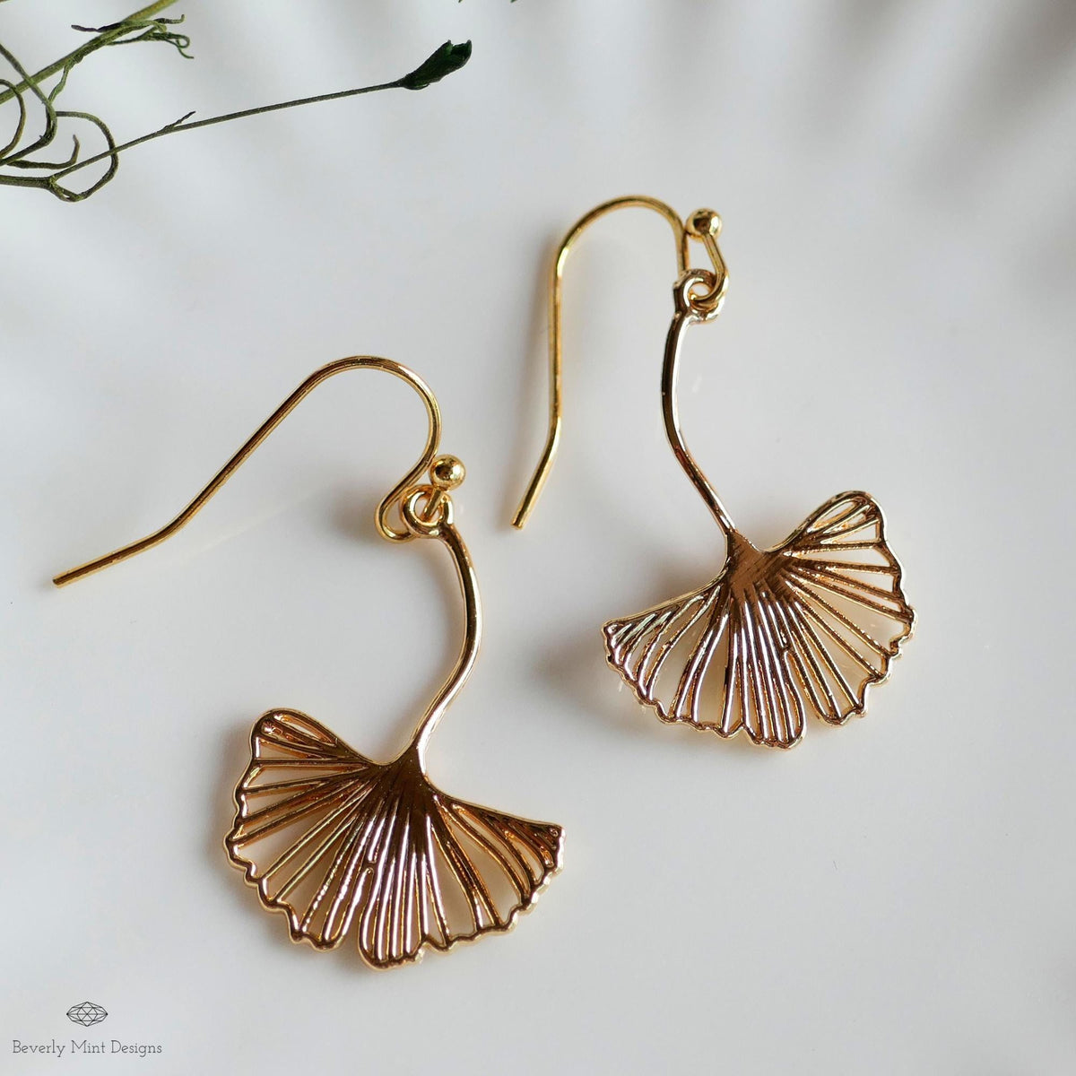 Gold Ginkgo Leaf Earrings, Botanical Dangle Earrings, Nature Inspired Jewelry, Delicate Hook Earrings, Sensitive Ear & Clip-On Options