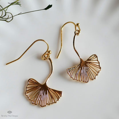 Gold Ginkgo Leaf Earrings, Botanical Dangle Earrings, Nature Inspired Jewelry, Delicate Hook Earrings, Sensitive Ear & Clip-On Options