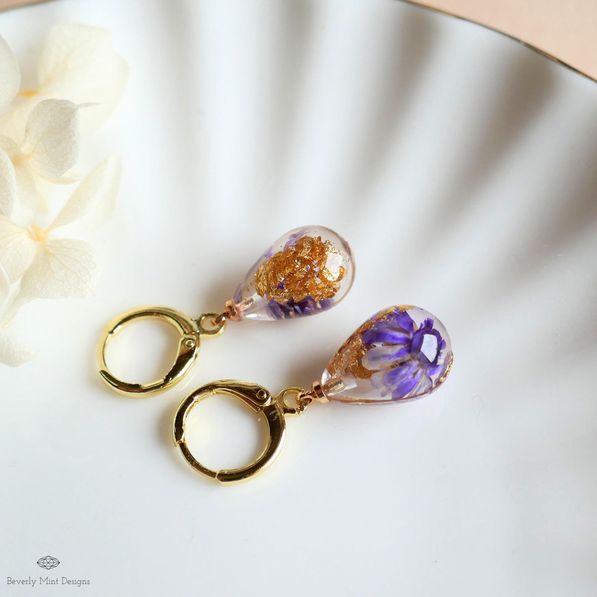 Pressed Flower Resin Earrings, Purple Floral Drop Earrings, Gold Flake Jewelry, Nature Inspired Jewelry, Sensitive Ear & Clip-On Options