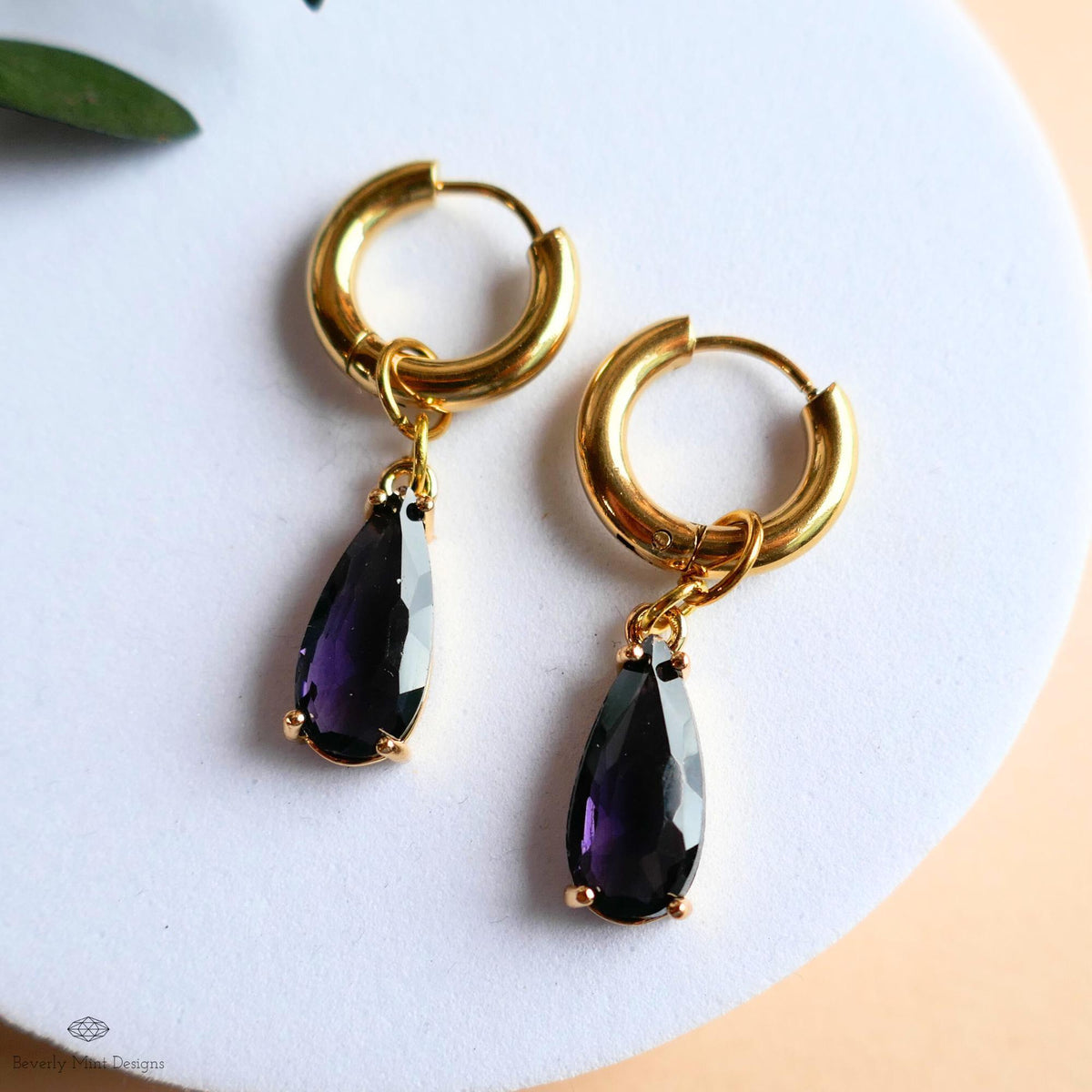 Purple Crystal Earrings, Gold Teardrop Huggie, Elegant Hoop Drop Earrings, Amethyst Look Jewelry, Minimalist