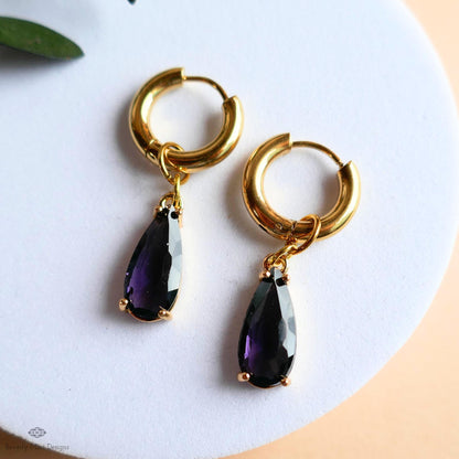 Purple Crystal Earrings, Gold Teardrop Huggie, Elegant Hoop Drop Earrings, Amethyst Look Jewelry, Minimalist