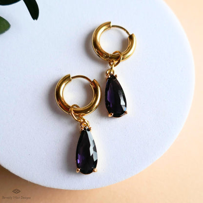Purple Crystal Earrings, Gold Teardrop Huggie, Elegant Hoop Drop Earrings, Amethyst Look Jewelry, Minimalist