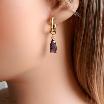 Purple Crystal Earrings, Gold Teardrop Huggie, Elegant Hoop Drop Earrings, Amethyst Look Jewelry, Minimalist