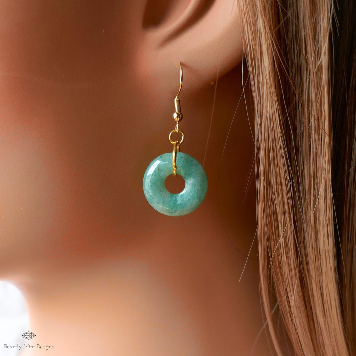 Green Aventurine Donut Earrings, Gold Hook Green Dangles, Minimalist Natural Stone Jewelry, Sensitive Ear & Clip-On Options