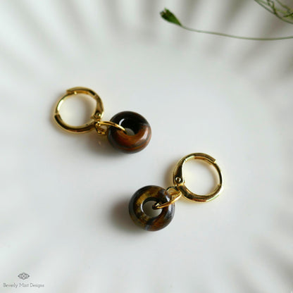 Gold Hoop Earrings with Tiger’s Eye Charm, Donut Stone Earrings, Minimalist Jewelry, Natural Everyday Hoops, Sensitive Ear & Clip-On Options