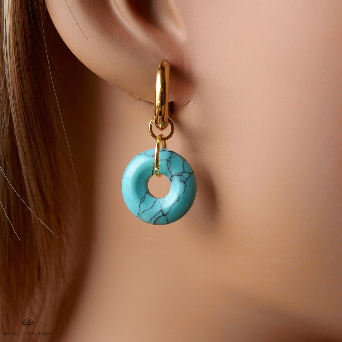 Blue Turquoise Donut Earrings, December Birthstone Hoops, Chunky Gold Earrings, Natural Stone Jewelry,