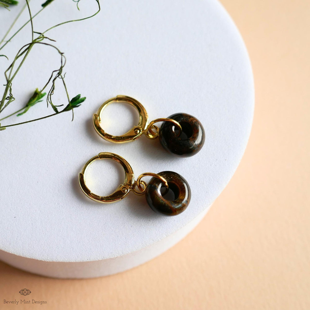 Gold Hoop Earrings with Tiger’s Eye Charm, Donut Stone Earrings, Minimalist Jewelry, Natural Everyday Hoops, Sensitive Ear & Clip-On Options