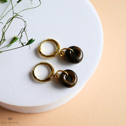 Gold Hoop Earrings with Tiger’s Eye Charm, Donut Stone Earrings, Minimalist Jewelry, Natural Everyday Hoops, Sensitive Ear & Clip-On Options