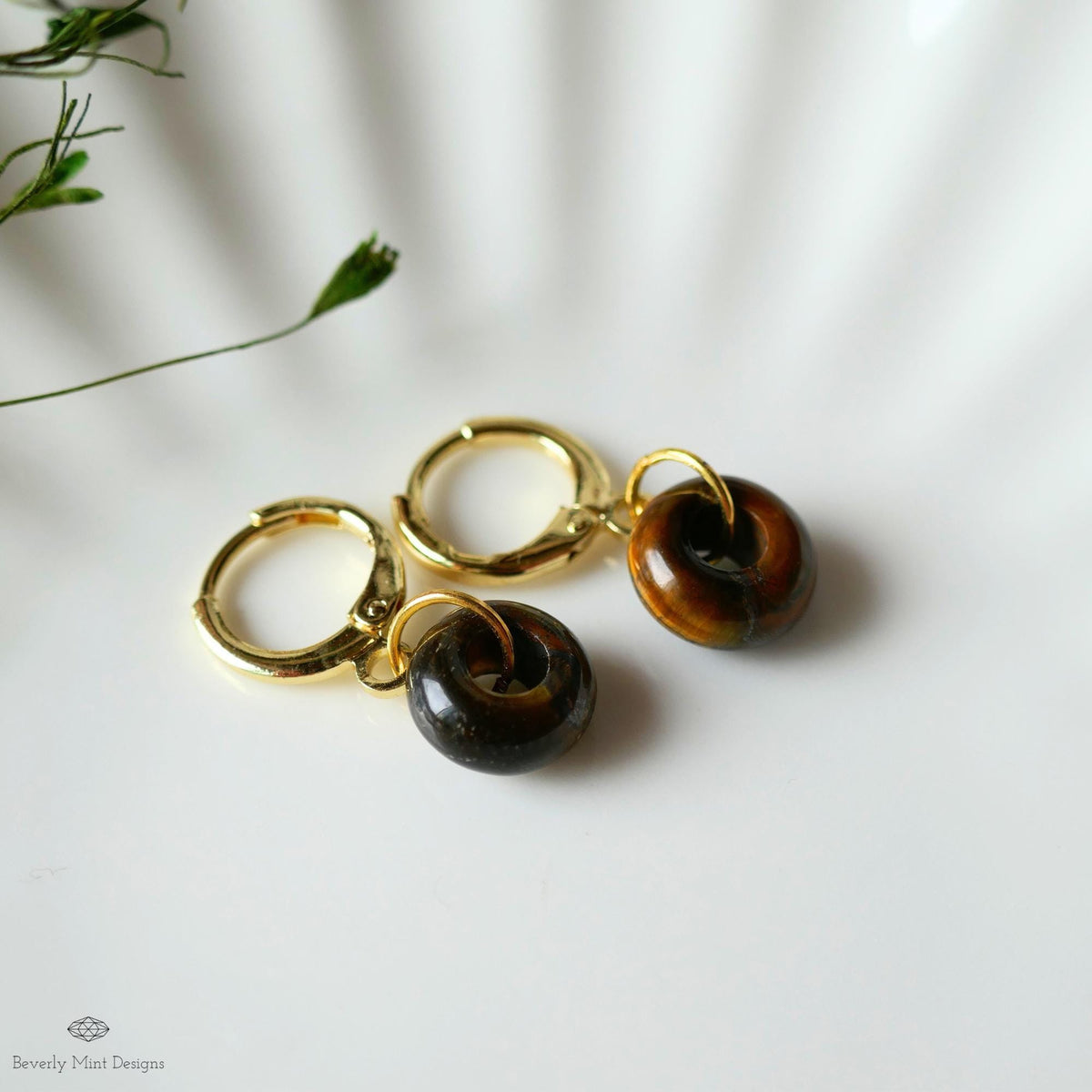 Gold Hoop Earrings with Tiger’s Eye Charm, Donut Stone Earrings, Minimalist Jewelry, Natural Everyday Hoops, Sensitive Ear & Clip-On Options