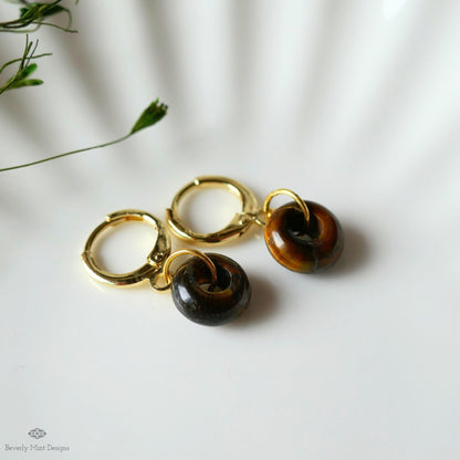 Gold Hoop Earrings with Tiger’s Eye Charm, Donut Stone Earrings, Minimalist Jewelry, Natural Everyday Hoops, Sensitive Ear & Clip-On Options