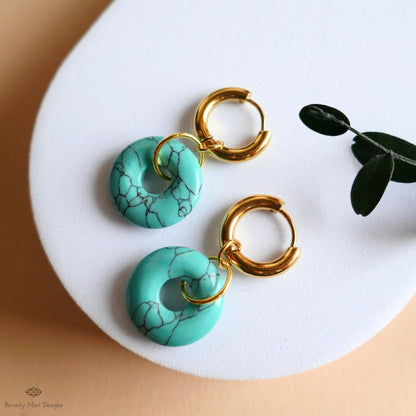 Blue Turquoise Donut Earrings, December Birthstone Hoops, Chunky Gold Earrings, Natural Stone Jewelry,