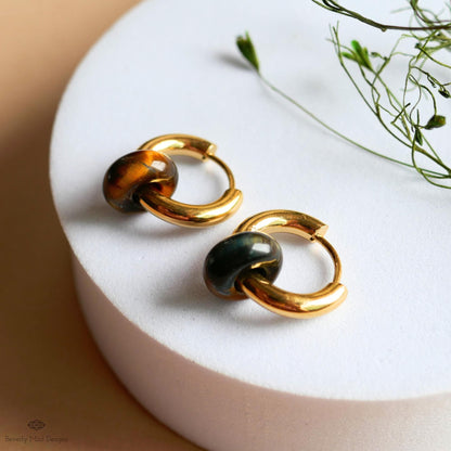 Chunky Gold Hoop Earrings with Tiger’s Eye Donut Charm, Modern Everyday Earrings, Natural Stone Jewelry,