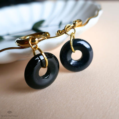 Black Agate Donut Earrings, Chunky Gold Hoops, Natural Stone Jewelry, Black Dangle Earrings,