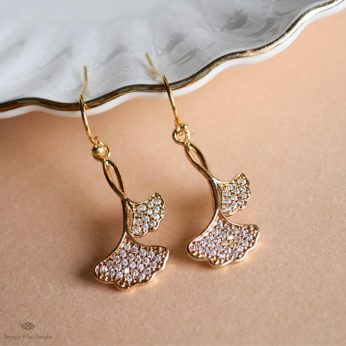 Gold Ginkgo Leaf Earrings, Sparkly Zircon Dangle, Botanical Drop Earrings, Nature Inspired Jewelry, Elegant, Sensitive Ear & Clip-On Options