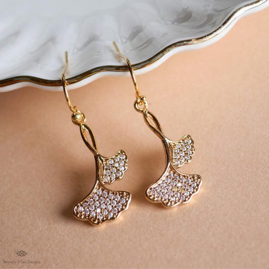 Gold Ginkgo Leaf Earrings, Sparkly Zircon Dangle, Botanical Drop Earrings, Nature Inspired Jewelry, Elegant, Sensitive Ear & Clip-On Options