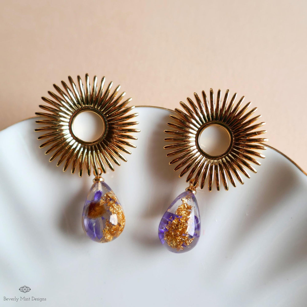 Gold Sunburst Resin Drop Earrings with Flowers and Gold Flakes, Statement Earrings, Boho Jewelry,