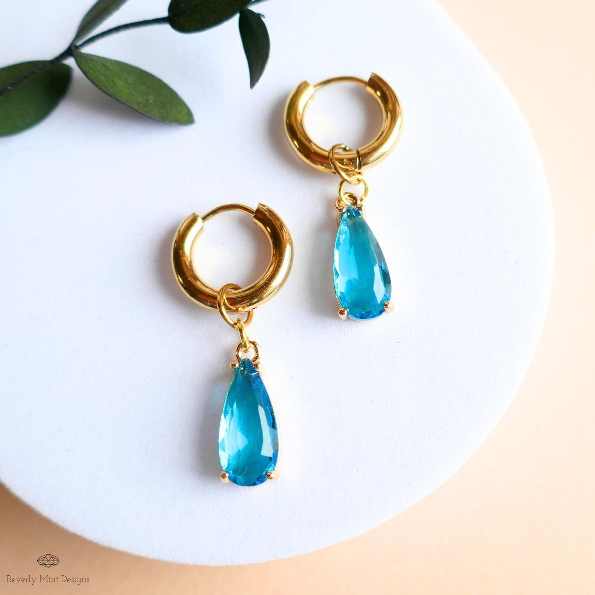 Blue Crystal Earrings, Gold Teardrop Huggie, Elegant Hoop Drop Earrings, Aqua Statement Jewelry, Minimalist
