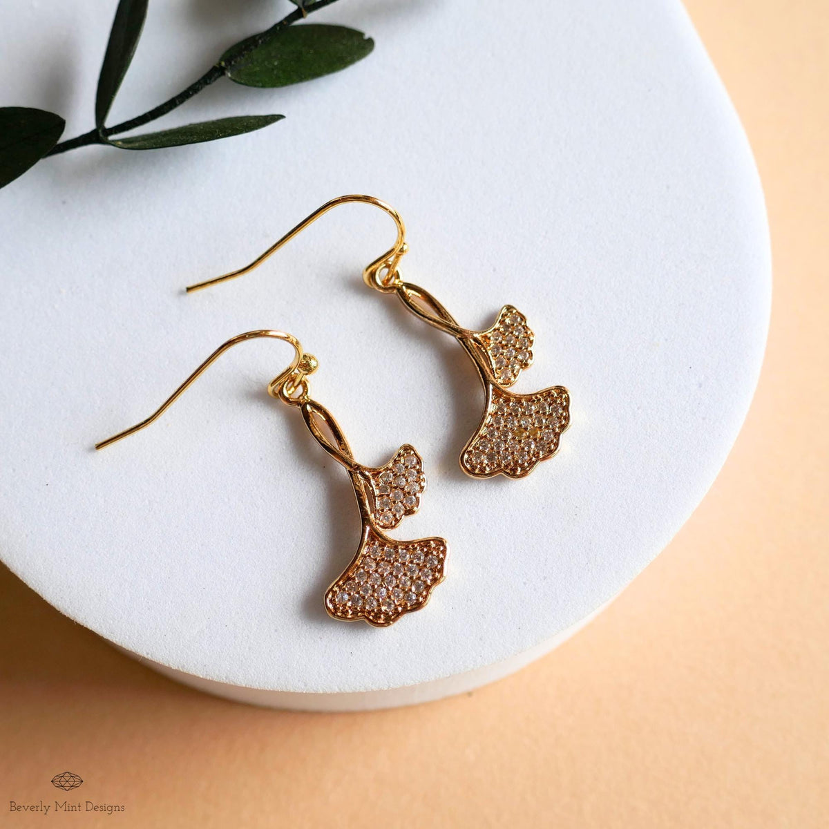 Gold Ginkgo Leaf Earrings, Sparkly Zircon Dangle, Botanical Drop Earrings, Nature Inspired Jewelry, Elegant, Sensitive Ear & Clip-On Options