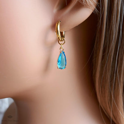 Blue Crystal Earrings, Gold Teardrop Huggie, Elegant Hoop Drop Earrings, Aqua Statement Jewelry, Minimalist