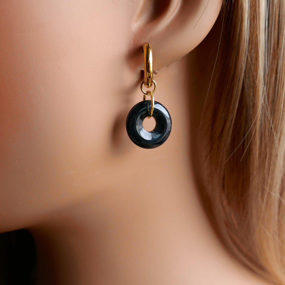 Black Agate Donut Earrings, Chunky Gold Hoops, Natural Stone Jewelry, Black Dangle Earrings,
