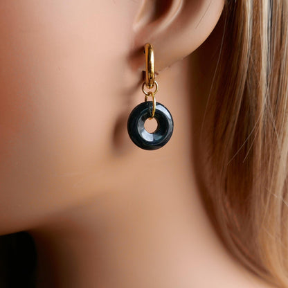 Black Agate Donut Earrings, Chunky Gold Hoops, Natural Stone Jewelry, Black Dangle Earrings,