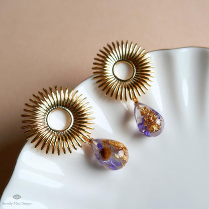 Gold Sunburst Resin Drop Earrings with Flowers and Gold Flakes, Statement Earrings, Boho Jewelry,