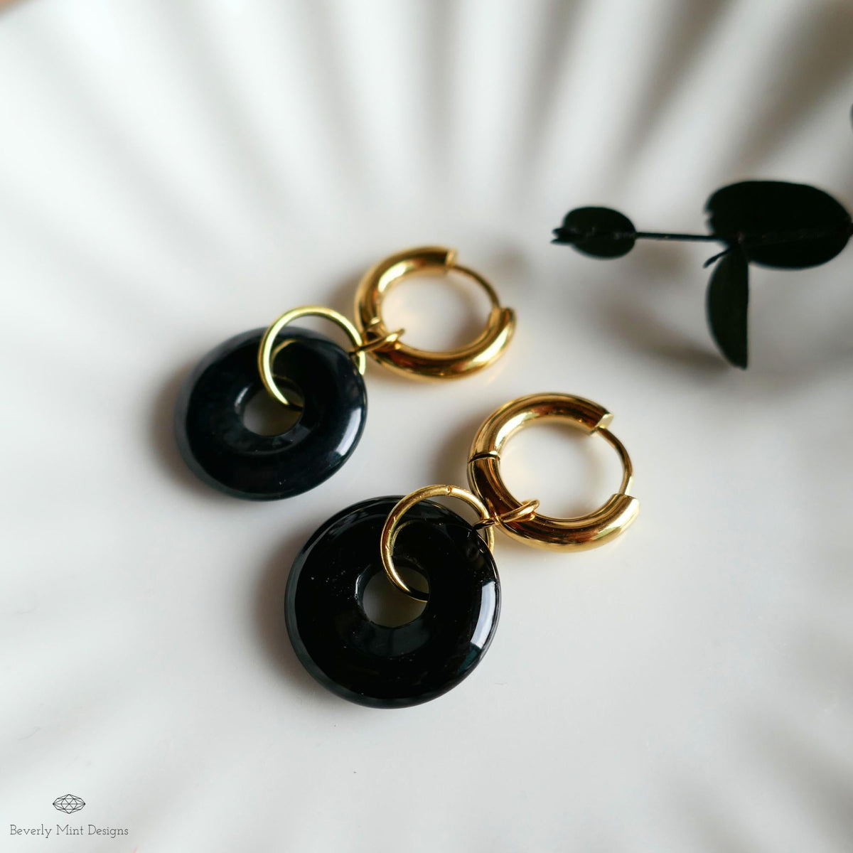 Black Agate Donut Earrings, Chunky Gold Hoops, Natural Stone Jewelry, Black Dangle Earrings,