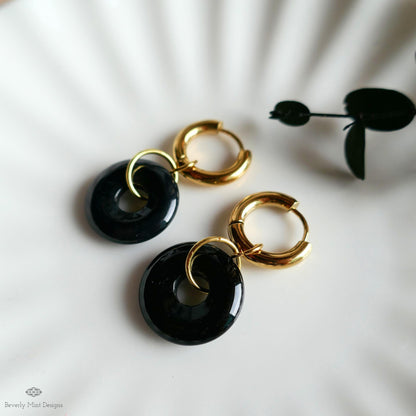 Black Agate Donut Earrings, Chunky Gold Hoops, Natural Stone Jewelry, Black Dangle Earrings,