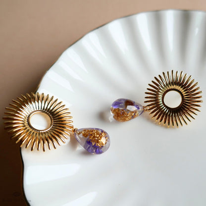Gold Sunburst Resin Drop Earrings with Flowers and Gold Flakes, Statement Earrings, Boho Jewelry,