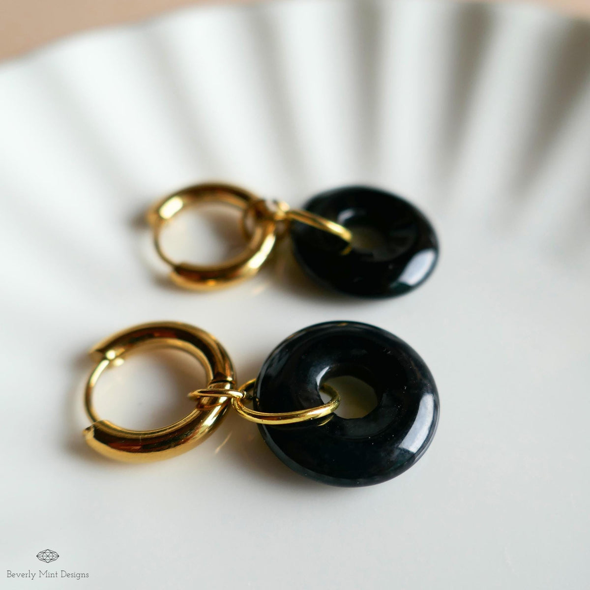 Black Agate Donut Earrings, Chunky Gold Hoops, Natural Stone Jewelry, Black Dangle Earrings,
