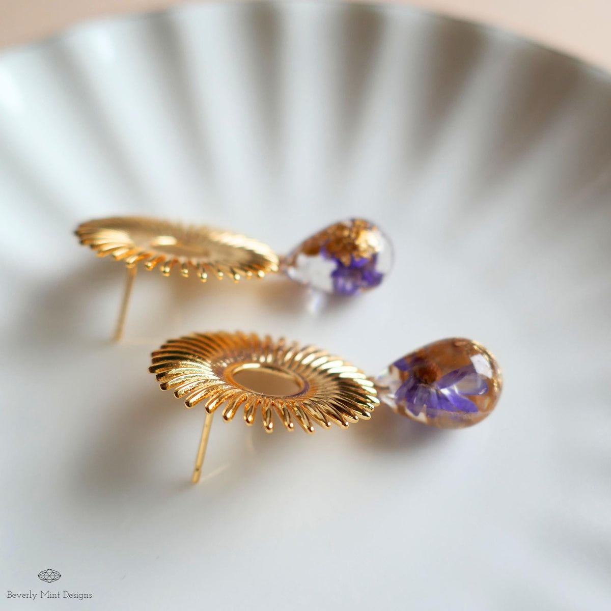 Gold Sunburst Resin Drop Earrings with Flowers and Gold Flakes, Statement Earrings, Boho Jewelry,