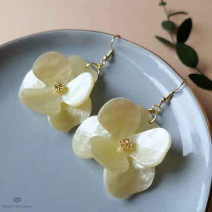 Mother of Pearl Style Flower Earrings, Iridescent Acrylic Dangle Earrings , Lightweight Statement Jewelry, Sensitive Ear & Clip-On Options