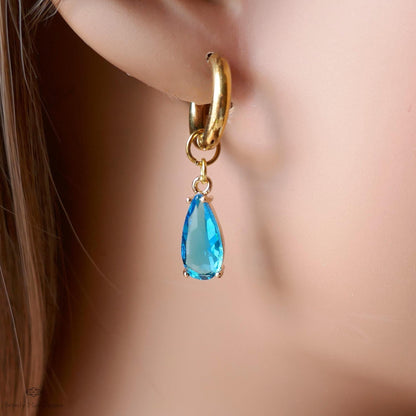 Blue Crystal Earrings, Gold Teardrop Huggie, Elegant Hoop Drop Earrings, Aqua Statement Jewelry, Minimalist