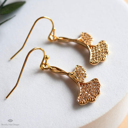 Gold Ginkgo Leaf Earrings, Sparkly Zircon Dangle, Botanical Drop Earrings, Nature Inspired Jewelry, Elegant, Sensitive Ear & Clip-On Options