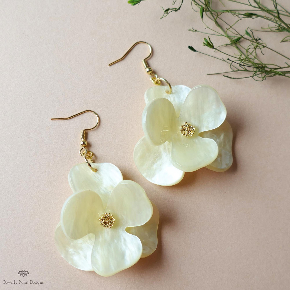 Mother of Pearl Style Flower Earrings, Iridescent Acrylic Dangle Earrings , Lightweight Statement Jewelry, Sensitive Ear & Clip-On Options