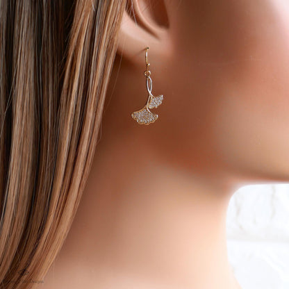 Gold Ginkgo Leaf Earrings, Sparkly Zircon Dangle, Botanical Drop Earrings, Nature Inspired Jewelry, Elegant, Sensitive Ear & Clip-On Options