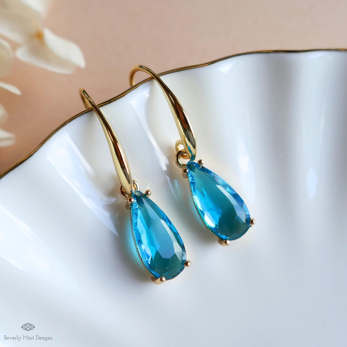 Blue Teardrop Earrings, Crystal Drop Dangle, Gold Hook Earrings, Light Blue Jewelry, Elegant, Sensitive Ear & Clip-On Options