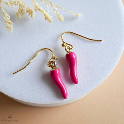 Chili Pepper Earrings, Hot Pink Pepper Dangle, Gold Hook Earrings, Fun Earrings, Spicy Statement Earrings, Sensitive Ear & Clip-On Options