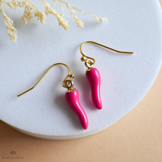 Chili Pepper Earrings, Hot Pink Pepper Dangle, Gold Hook Earrings, Fun Earrings, Spicy Statement Earrings, Sensitive Ear & Clip-On Options