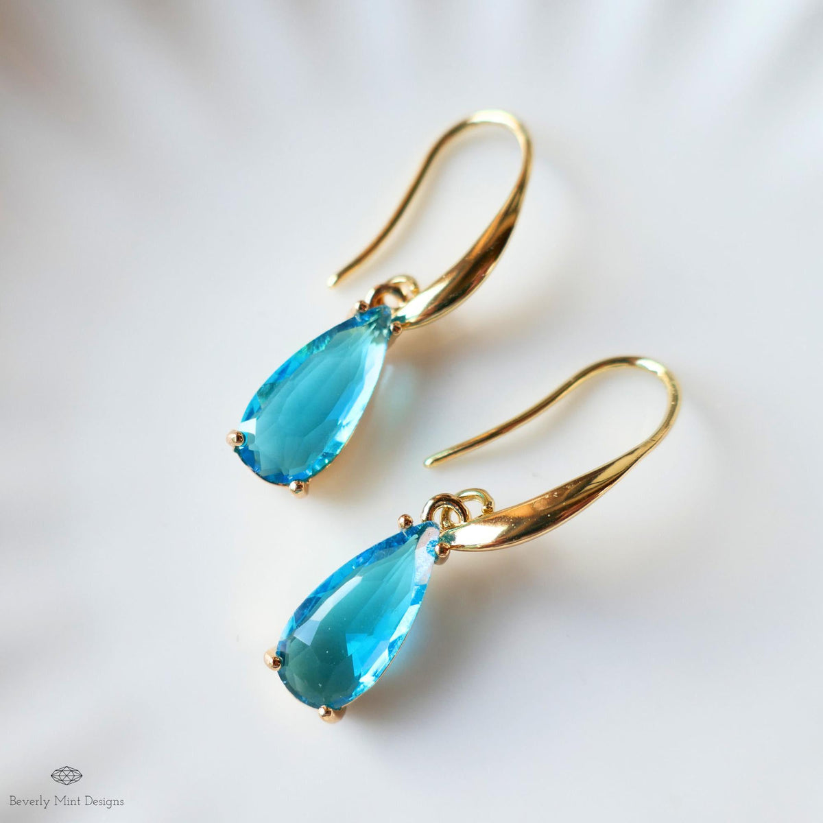 Blue Teardrop Earrings, Crystal Drop Dangle, Gold Hook Earrings, Light Blue Jewelry, Elegant, Sensitive Ear & Clip-On Options