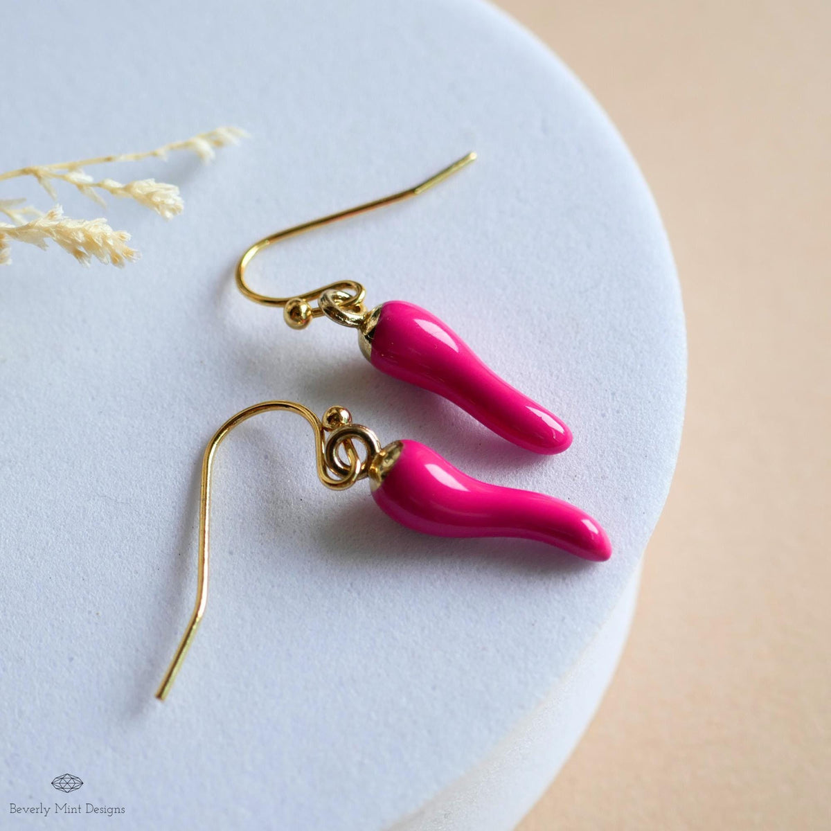 Chili Pepper Earrings, Hot Pink Pepper Dangle, Gold Hook Earrings, Fun Earrings, Spicy Statement Earrings, Sensitive Ear & Clip-On Options